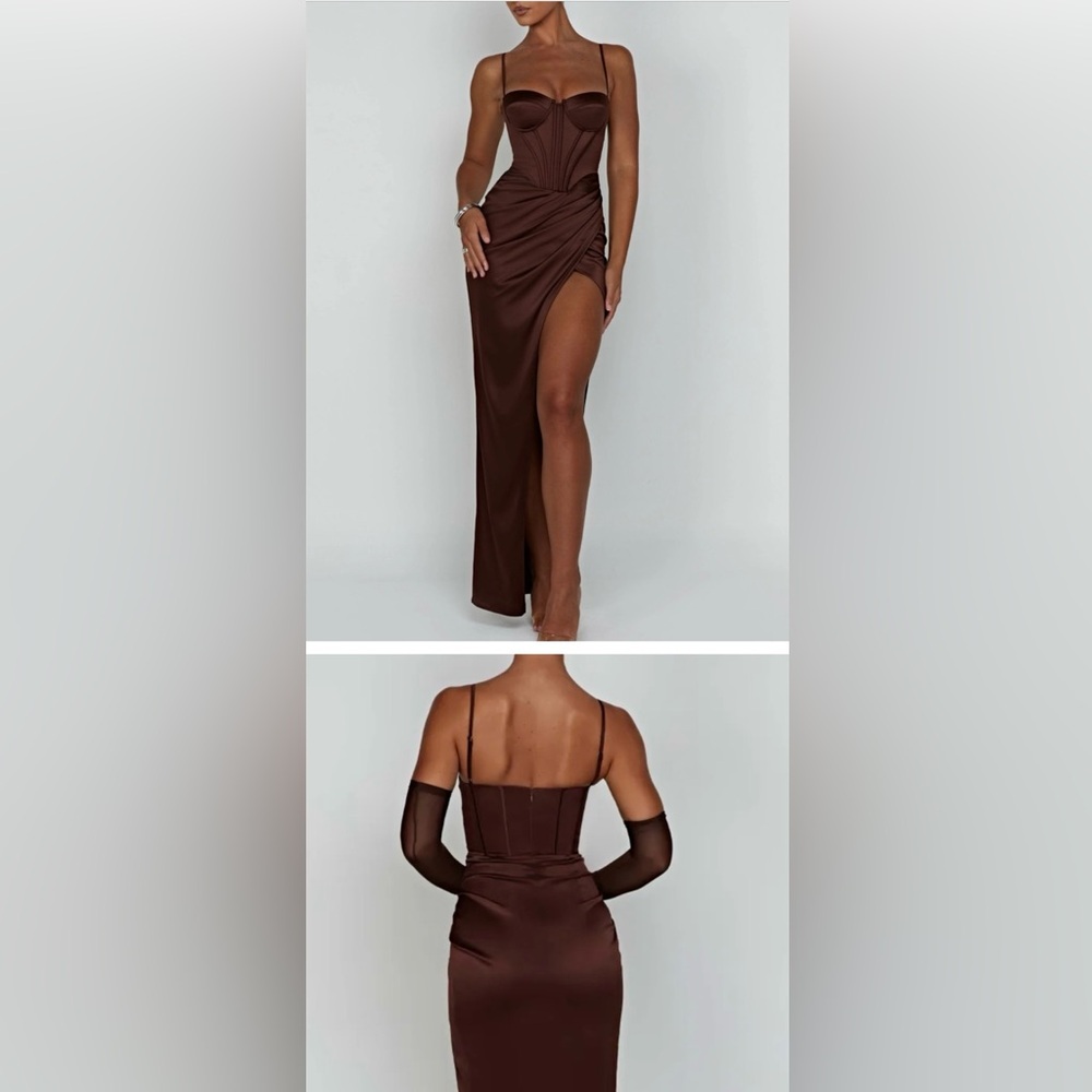 Elegant Baby Boo Despina Chocolate Satin Maxi Dress